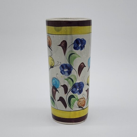 Tonala Cylinder Vase Butterflies Brown Yellow Signed 6.75" Tall VTG 1970s - Picture 7 of 10